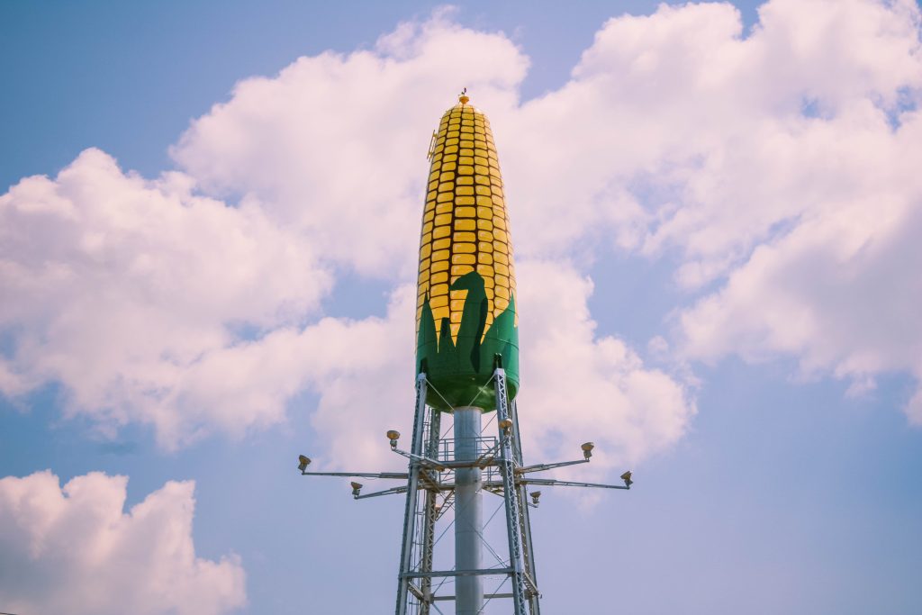 A watertower shaped like a corn cop at the Minnesota State Fair grounds in Rochester.